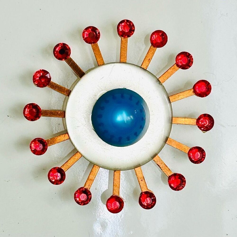 Upcycled Atomic Starburst Refrigerator Magnet Buttons Rhinestones Blue Red